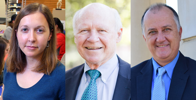 From L-R; Dr. Lesley Gregoricka, associate professor of anthropology, was selected as Scholar of the Year, Dr. Joseph Hair, professor of marketing and quantitative methods, receives Lifetime Achievement Award, Dr. Thomas Rowell, professor of music, was selected as Artist of the Year.