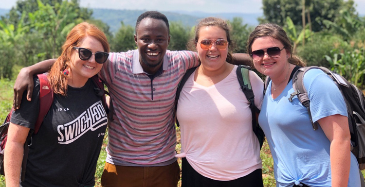 From L-R; Haley Borin, Tuyishimire Neza David, University of South Alabama students Mason Redmond and Catie Martin on a church mission in Gahara, Rwanda in June 2019.