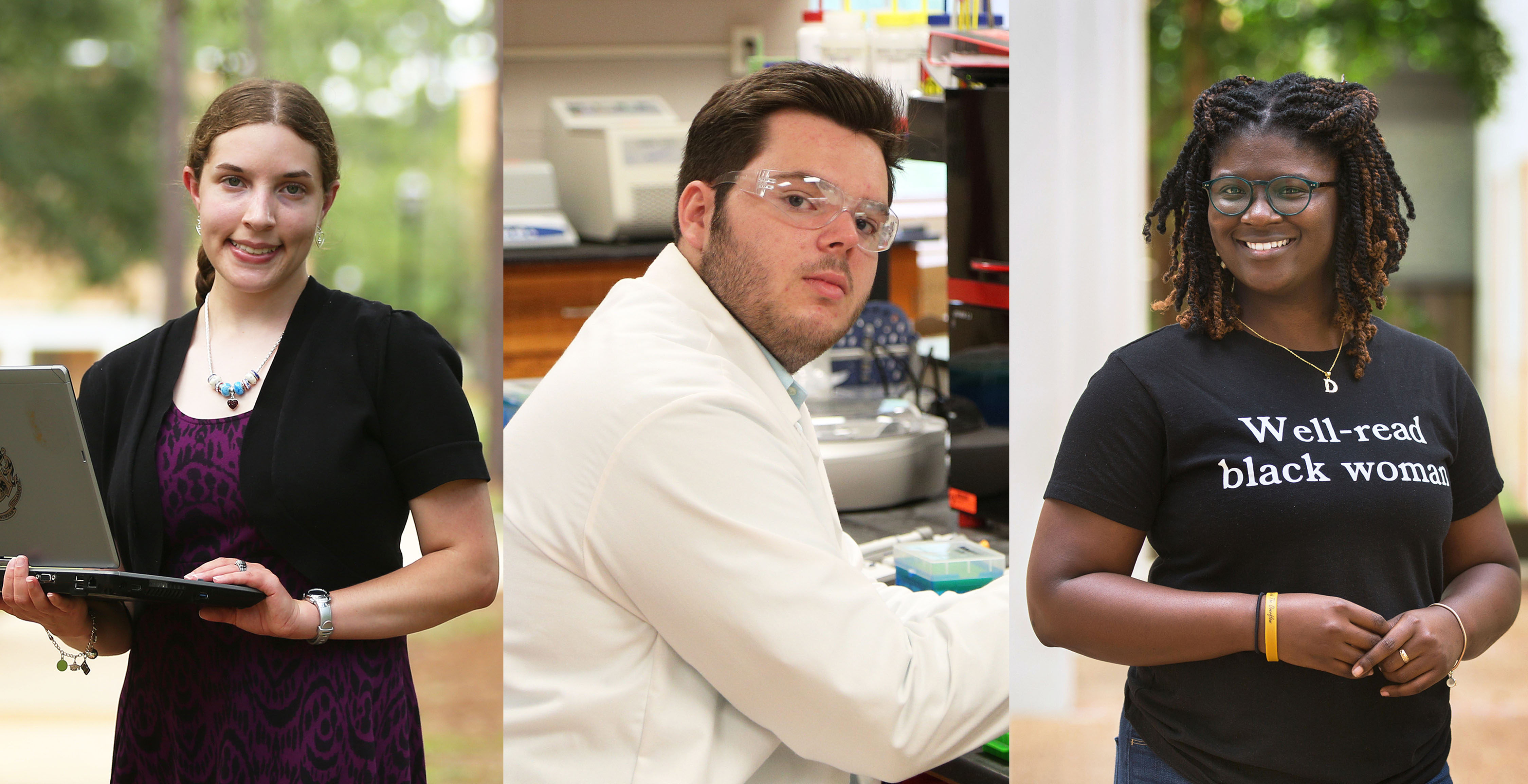 University of South Alabama students, from left, Liz Seiler, Ian Singley and De’Asia Aaron each earned a Summer Undergraduate Research Fellowship. 