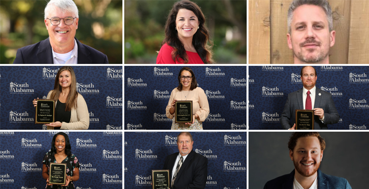 Three USA alumni were elected as new members of the National Alumni Association Board of Directors. Pictured from top (L-R) John Galanos, Mary Beth Massey and Mike Odair.
Additionally the USA National Alumni Association announced it's 2021 Faculty Excellence awards. 
Pictured middle (L-R) Dr. Stephanie Smallegan, Nan Young Perez Uribe and Dr. Bret Webb.
Bottom (L-R) FeAunté Preyear, Dr. Kevin White and Nicholas Brownlee