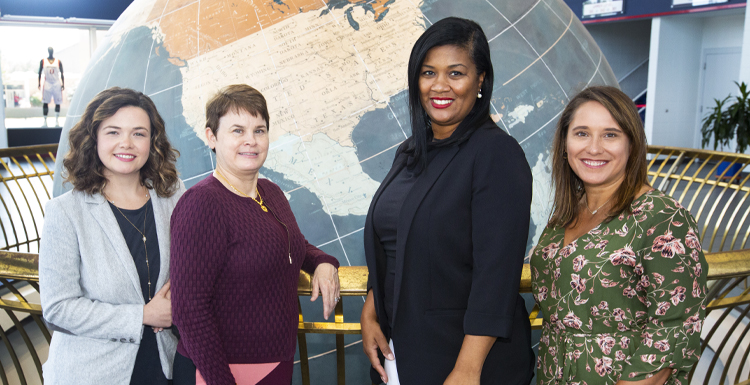 The Colleges of Nursing, Arts and Sciences, and Education and Professional Studies at the University of South Alabama, have joined forces to better serve at-risk youth and teens who are dealing with mental health issues in Mobile and surrounding areas. From left are interprofessional team members Dr.Candice Selwyn, research assistant professor in Nursing; Dr. Kimberly Williams, associate professor in Nursing and project director for the grant; Dr. Shanda Scott, assistant professor in Nursing and director of Diversity, Equity, and Inclusion; and Dr. Kimberly Zlomke,co-project director and professor in Arts and Sciences. Not pictured are Dr. Yvette Qualls Getch, co-project director and associate professor in Education and Professional Studies; Dr. Kirsten E. Pancione, project coordinator and assistant professor in Nursing; Dr. Bettina Riley, associate professor in Nursing, and Dr. Brian David Johnson, assistant professor in Nursing.