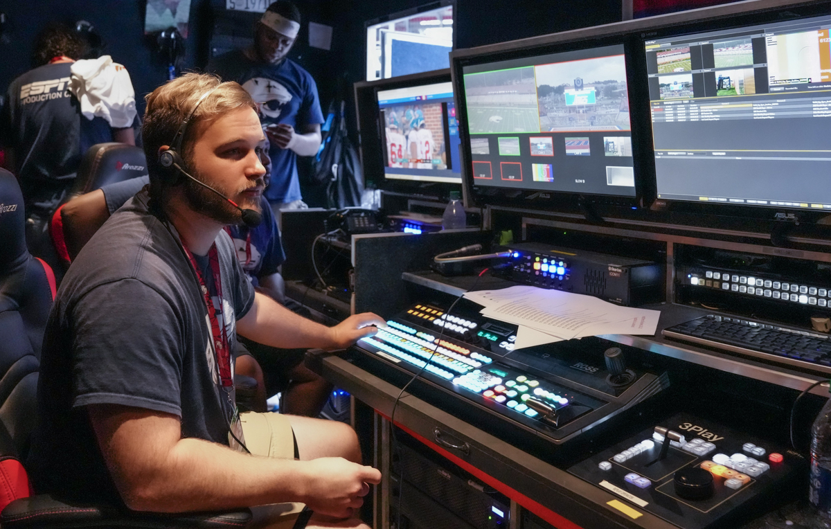 Chris Hites, a junior majoring in engineering, works as a replay operator with other members of the student ESPN+ broadcast team in the control booth during Saturday's game against the University of Louisiana at Lafayette.