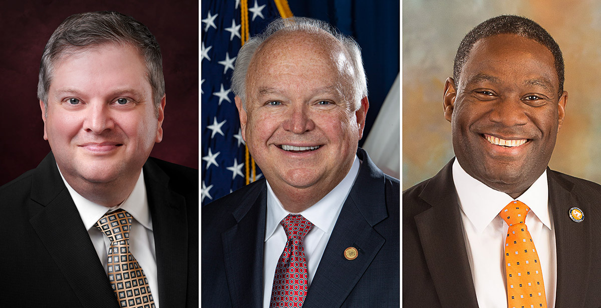 The University of South Alabama Board of Trustees have announcced three finalists for president. From left; Dr. Damon Andrew, Dean and Professor, College of Education, Florida State University; Mr. Jo Bonner, Chief of Staff to Alabama Gov. Kay Ivey; Dr. Michael Tidwell, Immediate Past President, The University of Texas at Tyler.