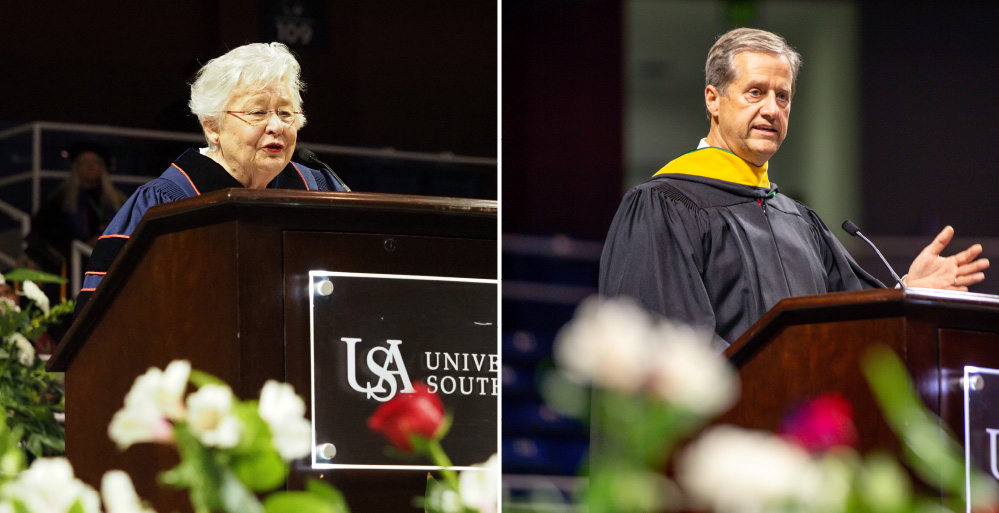Alabama Gov. Kay Ivey and USA Health CEO Owen Bailey spoke to University of South Alabama graduates during Friday and Saturday Commencement ceremonies. Bailey spoke of USA healthcare workers who are making a difference in the lives of patients, while Ivey urged graduates to “use your talents to make Alabama and our world a better place.” data-lightbox='featured'