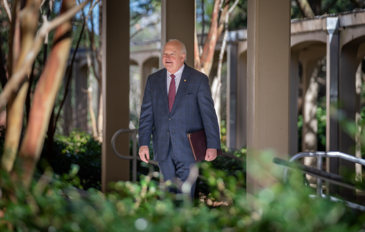 Former Congressman Jo Bonner, seen here walking into the Administration Building, brings political experience and a personal touch to his role as the fourth president of the University of South Alabama.