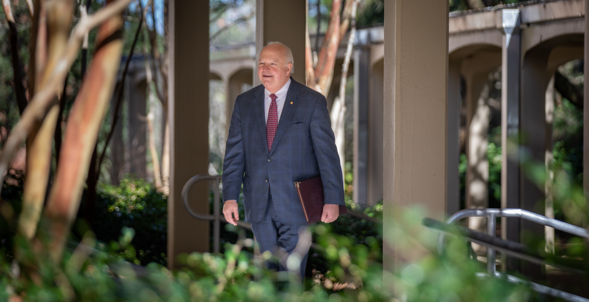Former Congressman Jo Bonner, seen here walking into the Administration Building, brings political experience and a personal touch to his role as the fourth president of the University of South Alabama.