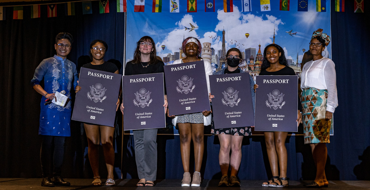 University of South Alabama Study Abroad students will receive free passports. The free passport project is a collaborative effort between the Office of International Education and the Institute of International Education. Several of them will also be featured on the new podcast “Spilling the Tea on Travel.” Pictured from left: Amiaya Ross, Jacksonville, Ala; Hanna Dudley, Saraland, Ala; Kya Richardson, Hoover, Ala; Eight Mile, Ala; Corian Evans, Eight Mile, Ala; and Abby Sargent, Milton, Fla.