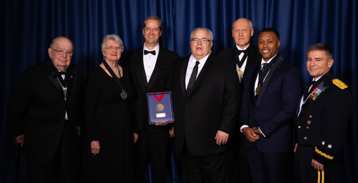 The USA National Alumni Association recipients for the 17th annual Distinguished Alumni & Service Awards are, from left, Dr. Carl C. Moore; Martha Peek; USA Health, represented by Owen Bailey and Dr. John Marymont; Harvey L. Barnett; Clyde Higgs; and Maj. Gen. William Joseph “Joe” Hartman. data-lightbox='featured'