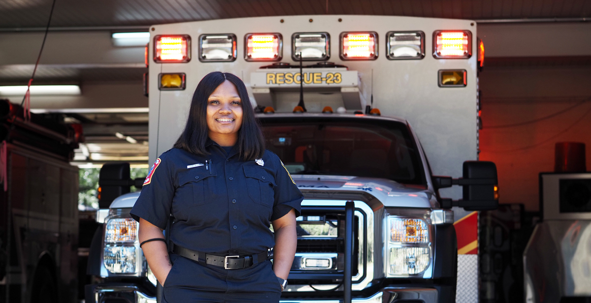 Damonique Evans, an emergency medical services graduate of the University of South Alabama, works at Mobile Fire-Rescue Station 23 as a firefighter paramedic. “I hope more people come in and change the narrative of what a firefighter looks like. It’s an honor,” she said. data-lightbox='featured'