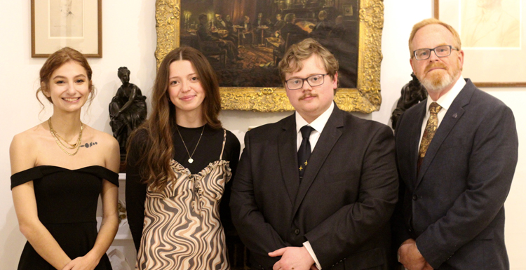 University of South Alabama students recently returned from the Oxford Consortium for Human Rights workshop in the United Kingdom. The Consortium's goal is to understand and develop constructive solutions to the problems of today, drawing from scholars and students from a wide variety of disciplines. From left, Clarissa Morgan, senior, from Andalusia, Ala.; Nicole Lemon, sophomore, from Gulfport, Miss.; Mitchell Chambers, senior, from Montevallo, Ala.; and Dr. Douglas Marshall, Honors College interim dean.