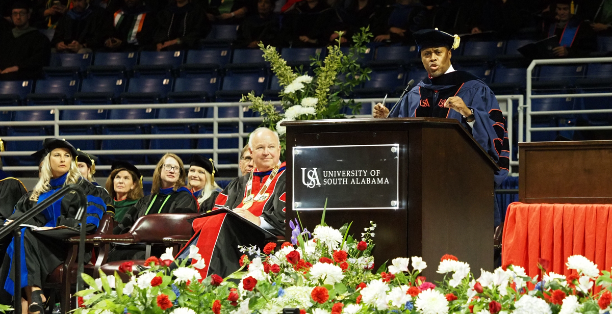 University of South Alabama alumnus and CEO of Atlanta BeltLine Inc. Clyde Higgs urged graduates to find their genius. “Each and every one of us is endowed with something special we can do better than most. It is there. It is absolutely there.” data-lightbox='featured'