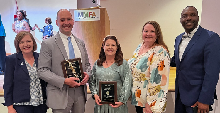 William Edmonds, second from left, who teaches French at Barton Academy has been named Alabama's Secondary Teacher of the Year and Alternate Teacher of the Year. Also pictured, from left; Dr. Amanda Jones, Barton Academy principal; Kelly Parker, Tanner Williams Elementary teacher and Top 16 finalist for Teacher of the Year; Nici Lowell, Tanner Williams Elementary principal; Chresal Threadgill, Mobile County Public School Superintendent.