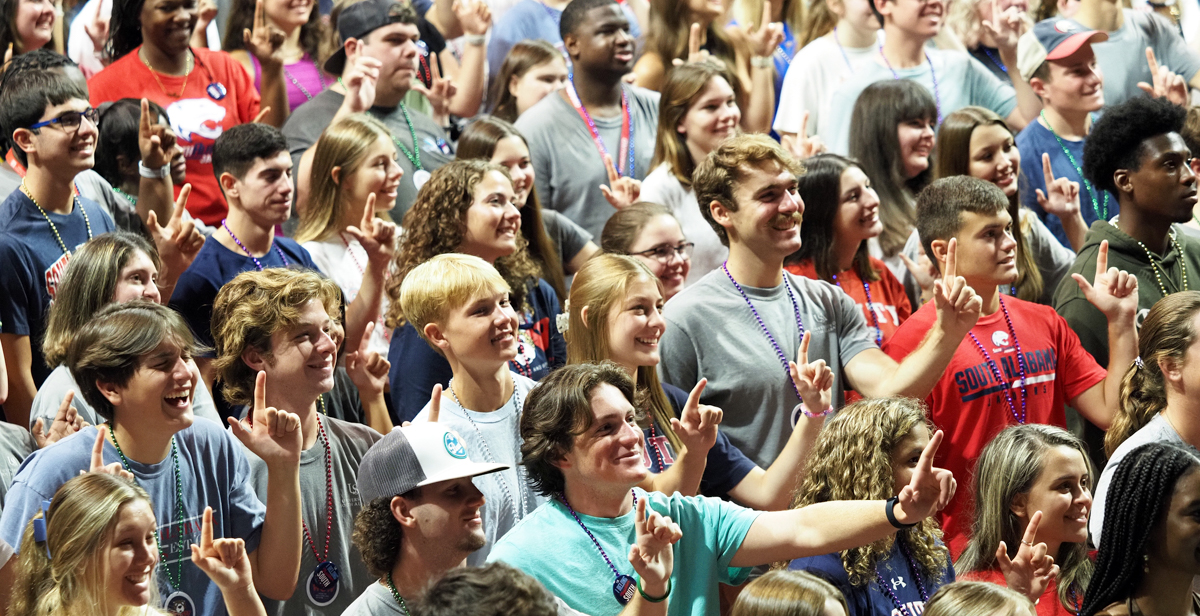 First-year students get a primer on school spirit at Convocation on Monday at the University of South Alabama. Among the lessons: How to properly show your J. Convocation welcomes freshmen and new faculty.  data-lightbox='featured'