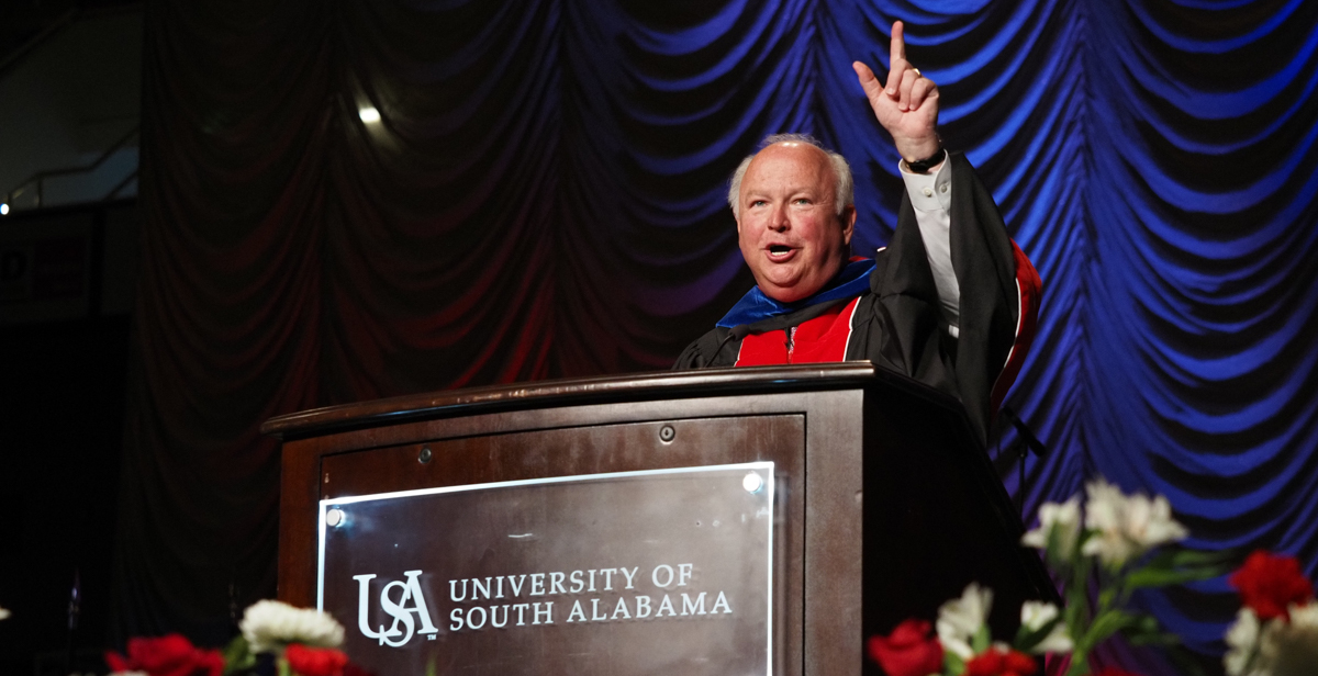 President Jo Bonner gives his inauguration address at the Mitchell Center on Friday. “The University of South Alabama is poised and ready to become the Flagship of the Gulf Coast,” he told those gathered.