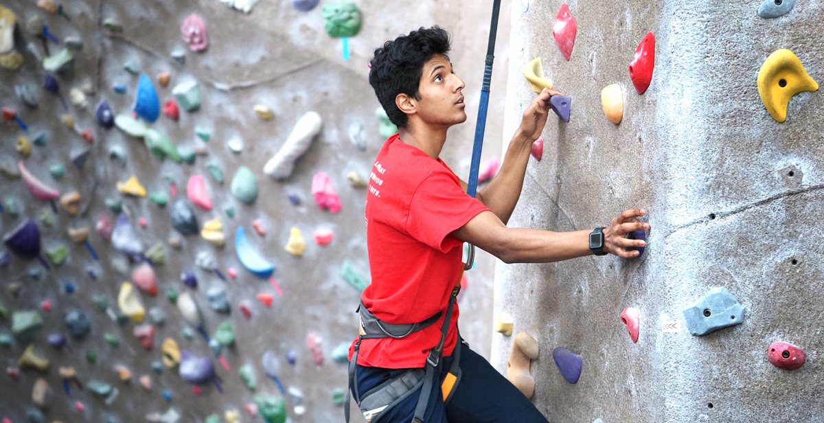 Suhas Patil at the rock wall at the Student Rec Center at the University of South Alabama