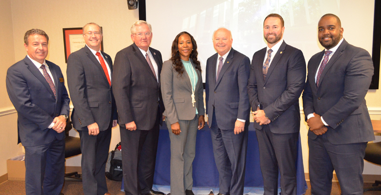 The University of South Alabama is expanding its Pathway USA program, opening more doors to opportunity for community colleges students to earn a four-year degree. Pictures from left, Todd Shackett, president Southern Union State Community College, Brad Frick executive vice president, Trenholm State Community College, Craig Pouncey, president Coastal Alabama Community College, Coretta Boykin, president Reid State Technical College, Brock Kelley, president Lurleen B. Wallace Community College and Olivier Charles, president Bishop State Community College.