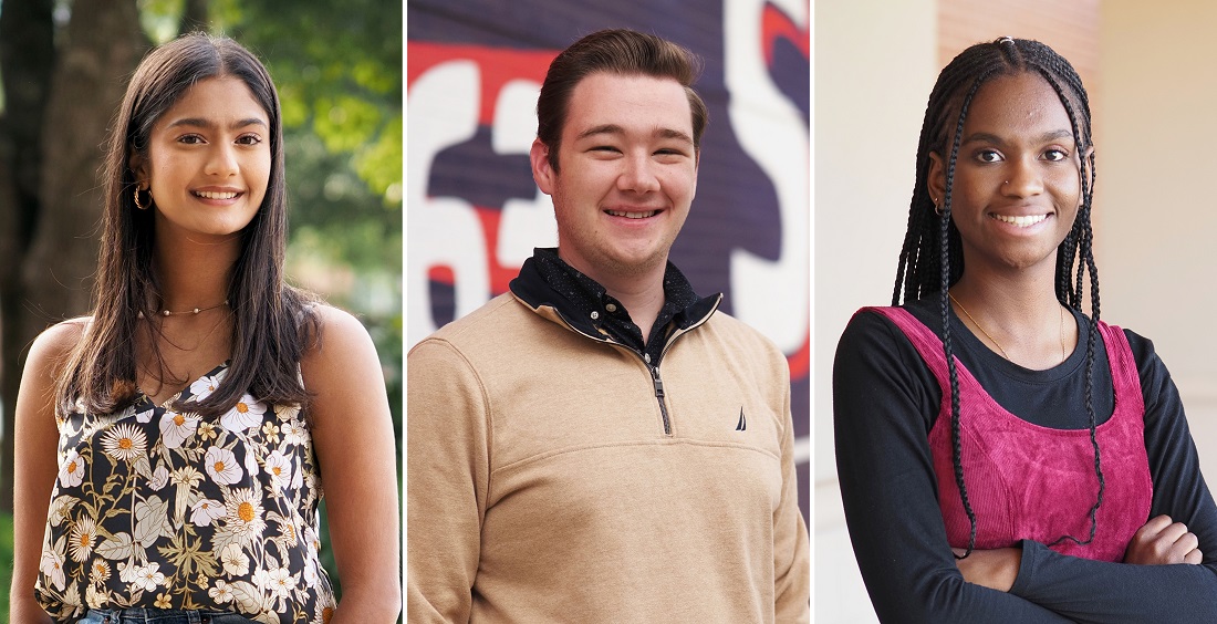 University of South Alabama students, from left, Shubhangi Singh, Nicholas Flynn and Destinie Diggs recently presented their research at the 24th annual Undergraduate Research Symposium. Singh won the Best Poster Award from the Phi Kappa Phi honor society.