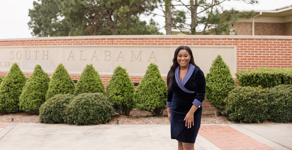 Amya Douglas got involved in student government through the First Year Council as soon as she arrived at the University of South Alabama. As a senior, she will serve as 2023-2024 president of the Student Government Association.
