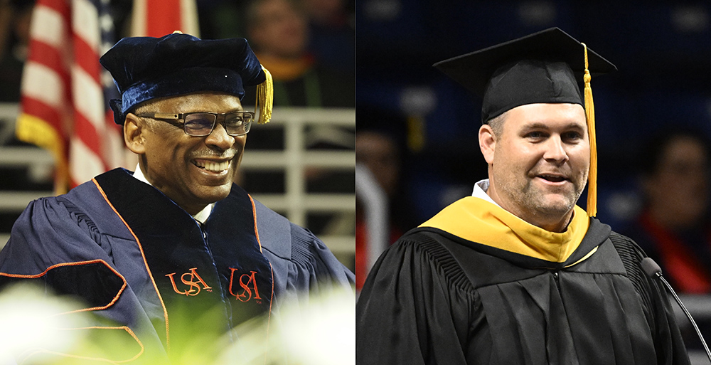 Inventor and entrepreneur Lonnie Johnson, left, and University of South Alabama head football Coach Kane Wommack addressed USA graduates during ceremonies at the Mitchell Center. Nearly 2,100 spring and summer graduates were recognized.  data-lightbox='featured'