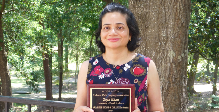 University of South  Alabama Associate Professor of Spanish Dr. Zoya Khan is the recipient of the 2023 Alabama Educator of Excellence Award for Spanish (Post-Secondary). data-lightbox='featured'