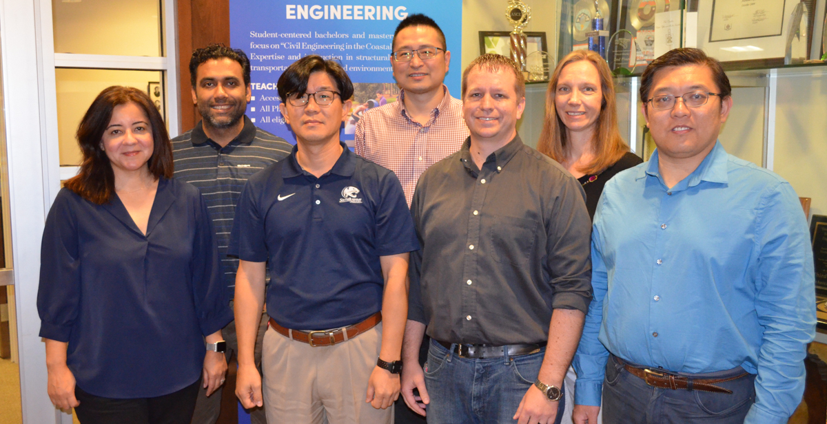 The University of South Alabama has received a $1.9 million grant to establish the Gulf Coast Center for Addressing Microplastics Pollution. A multi-disciplinary team of South researchers, led by Dr. Shenghua Wu, will collaborate with 10 wastewater treatment facilities in three different Gulf Coast states to develop techniques and tools to help mitigate and prevent the presence of microplastics in the Gulf of Mexico. The research team includes, from left, Dr. Melike Dizbay-Onat, assistant professor, mechanical engineering; Dr. Kaushik Venkiteshwaran, assistant professor, civil, coastal and environmental engineering; Dr. Min-Wook Kang, professor, civil, coastal and environmental engineering; Wu, assistant professor, civil, coastal and environmental engineering; Dr. John Cleary, associate professor and chair, civil, coastal and environmental engineering; Dr. Alexandra Stenson, professor, chemistry; and Dr. Jinhui Wang, associate professor, electrical and computer engineering. data-lightbox='featured'