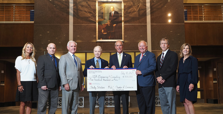 Shelby Scholarship announcement. Dr. Andi Kent, Dr. Todd Andel, Abraham Mitchell, Sandy Stimpson, Jo Bonner, Dr. John Usher, Margaret Sullivan