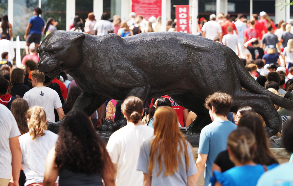 The University of South Alabama enrolled one of its largest freshman classes in 2023. Students gather at Moulton Tower and Alumni Plaza prior to Convocation.