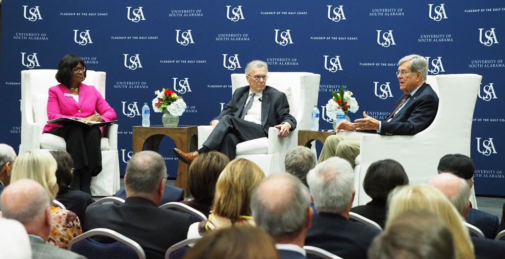 Former Senate Majority Leaders Tom Daschle, center, and Trent Lott discussed bipartisanship Irving Silver and Frances Grodsky Silver Endowed Presidential Lecture in the MacQueen Alumni Center. data-lightbox='featured'