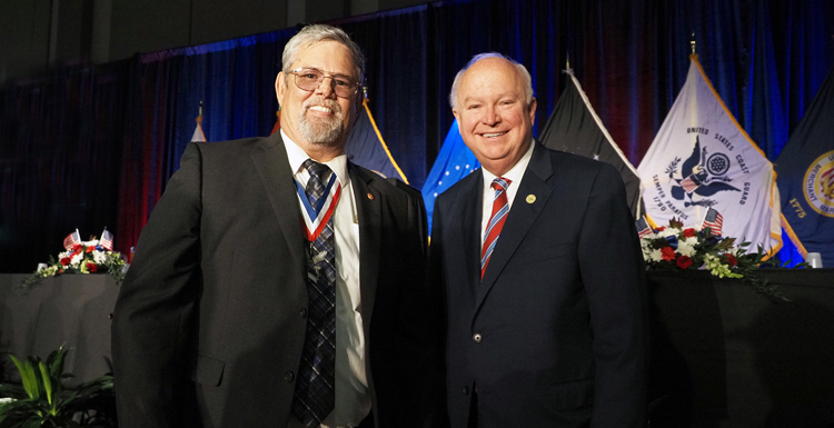 The Mobile Bay Area Veterans Day Commission named University of South Alabama President Jo Bonner, right, its 2023 Patriot of the Year. David Riley was named Veteran of the Year. Riley, a South alumnus, is an Army and Coast Guard veteran. data-lightbox='featured'
