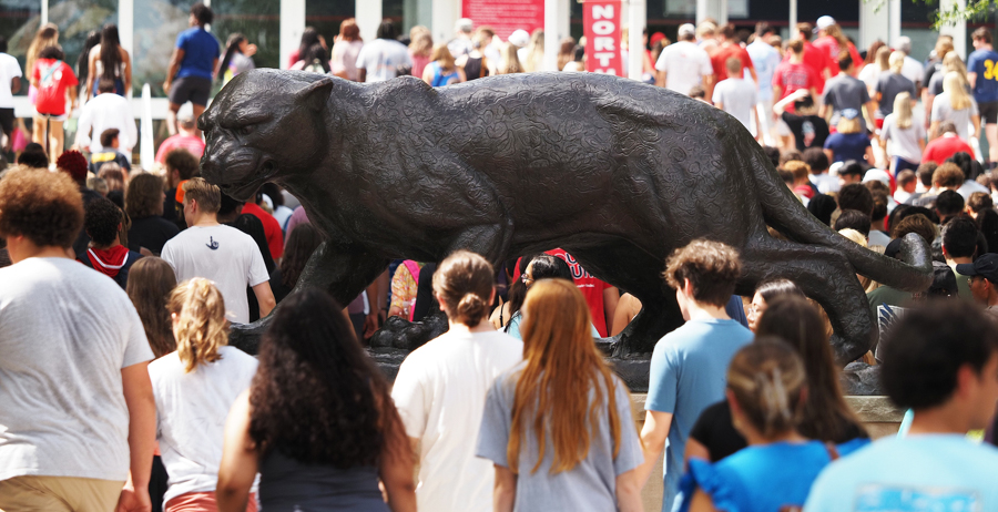 Students walking across campus