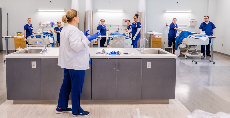 Nursing students in a lab