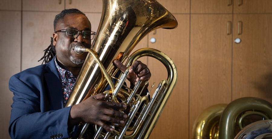 Dr. Clayton Maddox, assistant professor of music, in his office at the Laidlaw Performing Arts Center.