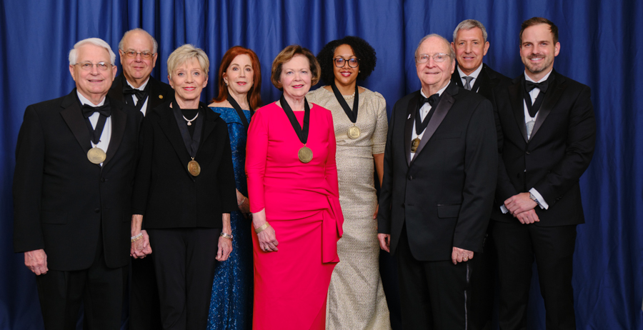 The University of South Alabama National Alumni Association honored alumni and supporters at the 19th annual Distinguished Alumni & Service Awards. Those recognized were, from left, Travis Bedsole Jr., Dr. Jack DiPalma, Susan Bedsole, Alexis Atkins, Maxey Roberts representing the USA Foundation, Chandra Brown Stewart, John McMillan representing the USA Foundation, Dan Ollis and Peter Lindquist. 