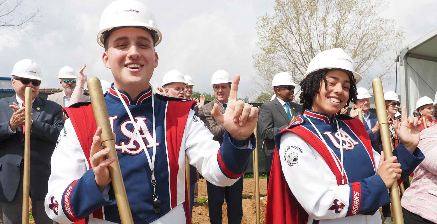 Jaguar Marching Band drum majors at the groundbreaking of the JMB facility. 