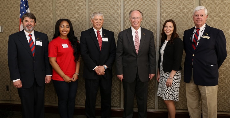 Among those in attendance at a USA luncheon at Higher Education Day are, from left, USA Trustee Mike Windom, SGA President Danielle Watson, USA President Dr. Tony Waldrop, Gov. Robert Bentley, Faculty Senate President Dr. Julie Estis, and USA National Alumni Association President Michael Diehl.