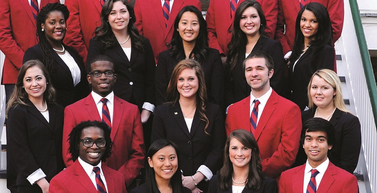 Group of Southerners assembled on the steps - all guys wearing red jackets and girls wearing black