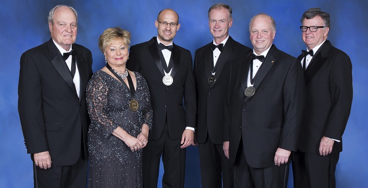 Recipients of the 2016 Distinguished Service Award are, from left, Dr. James E. Laier, associate dean of the USA College of Engineering, and his wife, Diana Laier,'83, retired treasurer  and chief financial officer of their company Southern Earth Sciences Inc. Recipients of the Distinguished Alumni Award are, continued from left, Jonathan L. Hursh, '04, founder and president of Included and Utopia; Dr. Mark S. Williams,'80, chief physician executive with Tenet Healthcare/Brookwood Medical Center; James "Jimmy" Shumock, '80, chief executive officer of Thompson Holdings and Thompson Engineering, member of the USA Board of Trustees; and the V. Gordon Moulton Distinguished Service Award recipient is Christopher L. Lee, executive director of the J.L. Bedsole Foundation.