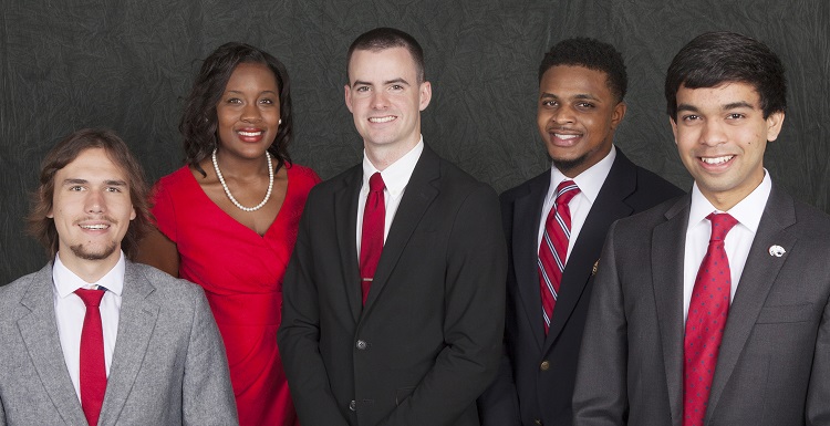 USA Student Government Association officers have been elected for the 2015-2016 academic year. They are from left, Daniel Currie, vice president; Ashley Ford, student at large; Micah Messer, chief justice; Trey Davis, attorney general and Ravi Rajendra, president. Not pictured is Marcus Williams, treasurer.