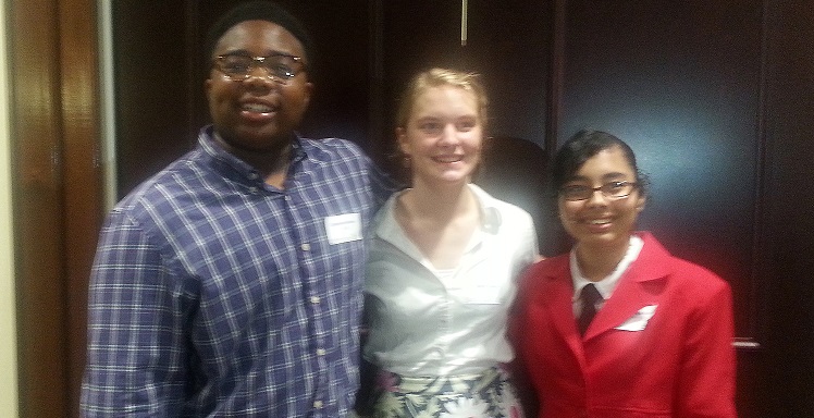 The top three finalists of the USA department of communication Public Speaking Contest are, from left, Cameron Robinson, first place winner and recipient of a $100 gift card, from Murphy High School; Marie Doyle, second place winner  and recipient of a $75 gift card, from the Alabama School of Mathematics and Science; and Johannass Soekhies, third place w