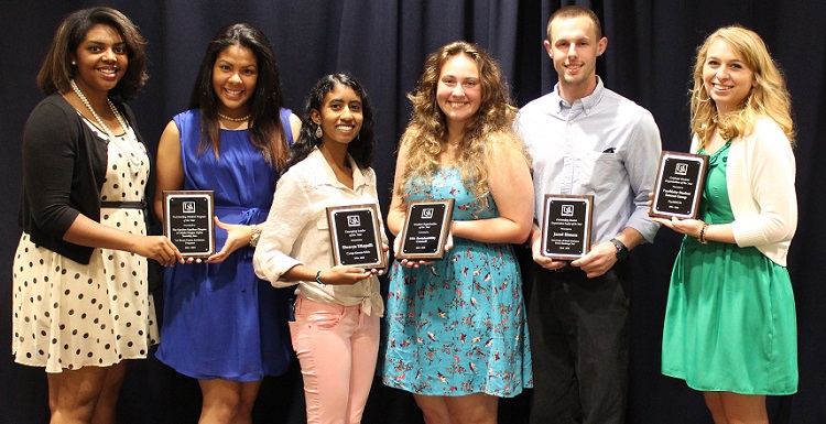 USA recognizes students during the annual Student Organization Awards Luncheon. From left are Tia Irvine and Rosa Elizabeth Gomez representing Alpha Kappa Alpha Sorority, Inc., for the Program of the Year award; Shravya Utlapali for Emerging Leader of the Year; Angelia McGaugh representing the USA Sustainability Council with the Student Organization of the Year award; Jared Elmore recognized for the Outstanding Student Leader of the Year award; and Molly Miller, SGA Student-at-Large.