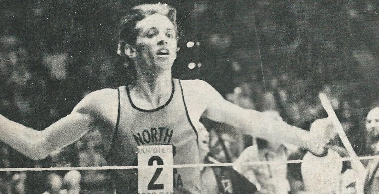 Dr. Tony Waldrop, president of the University of South Alabama, set a world record when he ran the indoor mile in just 3:55 while a student at the University of North Carolina. This photo appeared on the March 11, 1974, issue of Track & Field News. 