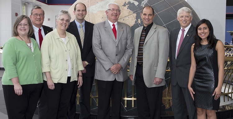 Speakers at the 2015 Employee Annual Fund kickoff included, from left, Denise Anderson, director of care management at USA Children's & Women's Hospital; Dr. Joseph F. Busta Jr., vice president for development and alumni relations; Dr. Mary Townsley, associate dean of the College of Medicine; Chris Jett, an administrator at USA Children's & Women's Hospital; Dr. Robert Van Barrow, professor emeritus; Dr. Alec Yasinsac, dean of the School of Computing; Dr. Tony Waldrop, USA president; and Gabriela Vargas, a USA student. 