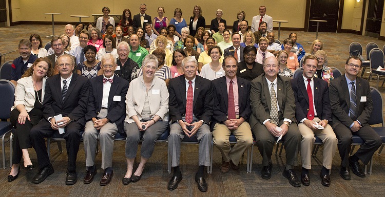 University of South Alabama administrators and leaders of the 2015 Employee Annual Fund gather May 5 at the Student Center for a celebration reception, where it was announced the campaign raised more than $800,000.