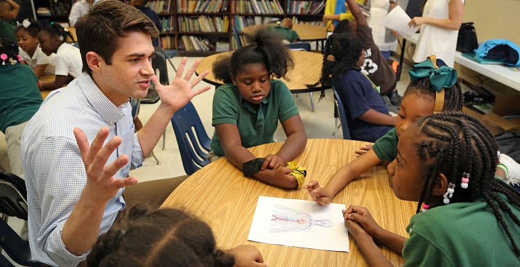 University of South Alabama College of Medicine second-year medical student Jason Snider instructs a group of children at the Boys & Girls Club on Cody Road April 29, 2015. Medical students from the USA College of Medicine have formed a Preventive Medicine Team. The team's mission is to provide education and resources on medically relevant topics to the local community.