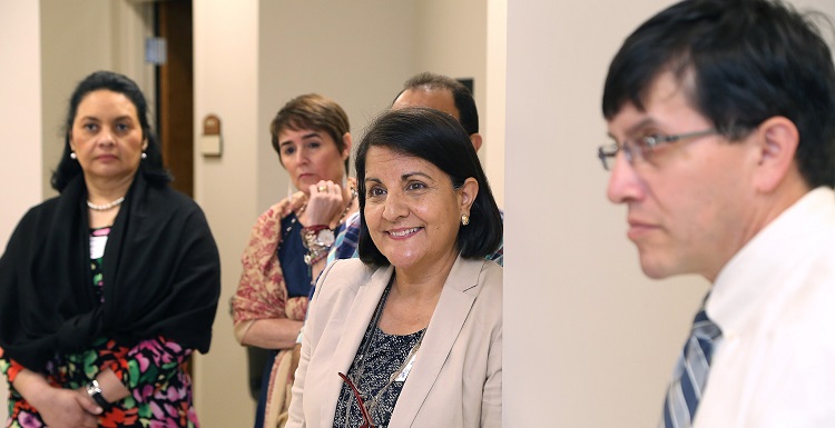 Dr. Lucrcia de Hernandez, a faculty member at the Universidad Francisco Marroquin School of Medicine in Guatemala, is joined by fellow faculty members from the UFM School of Medicine as they tour the Clinical Skills Lab at USA. 