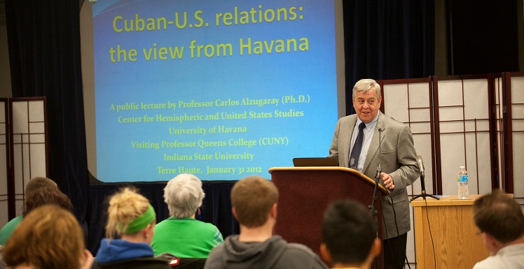 Former Cuban diplomat Dr. Carlos Alzugaray Treto speaks to students at Indiana State University about U.S.-Cuban relations. Photo courtesy of Indiana State University. 