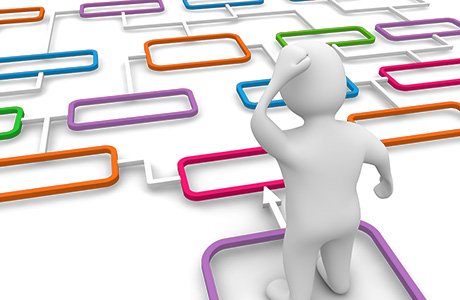 Image depicting art of a man making decisions by jumping through a tree structure