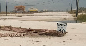 Stephanie Smallegan recieved a 2019 FDCF award to submit an NSF CAREER proposal for her work on barrier islands and hurricanes. Photo is a speed limit sign is partially obscured by sand on Dauphin Island's Bienville Boulevard after Hurricane Nate.