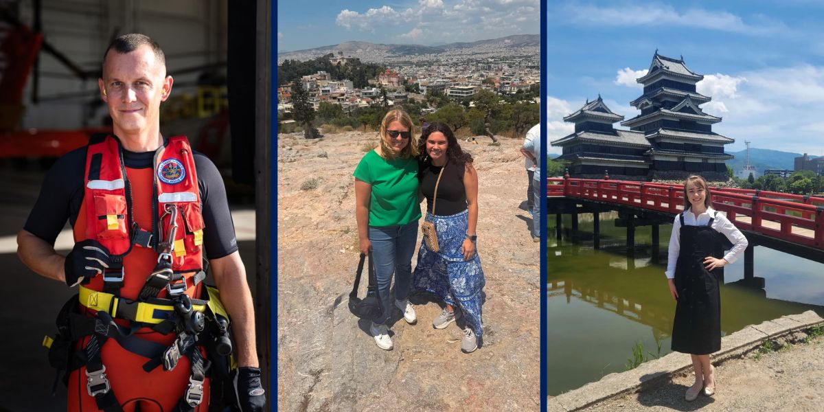 The three recipients of the grants are pictured, Matthew Laub dressed in military uniform, Ashley Jennings with her professor in Greece, and Mary Helene Marmande in front of a castle in Japan. data-lightbox='featured'