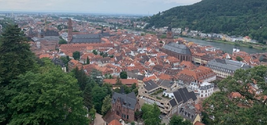Aerial view of rooftops in a city in Germany, with some greenery.